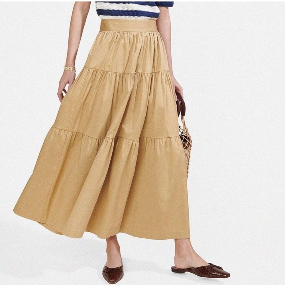 STAUD Tan A-line Tiered Maxi Skirt